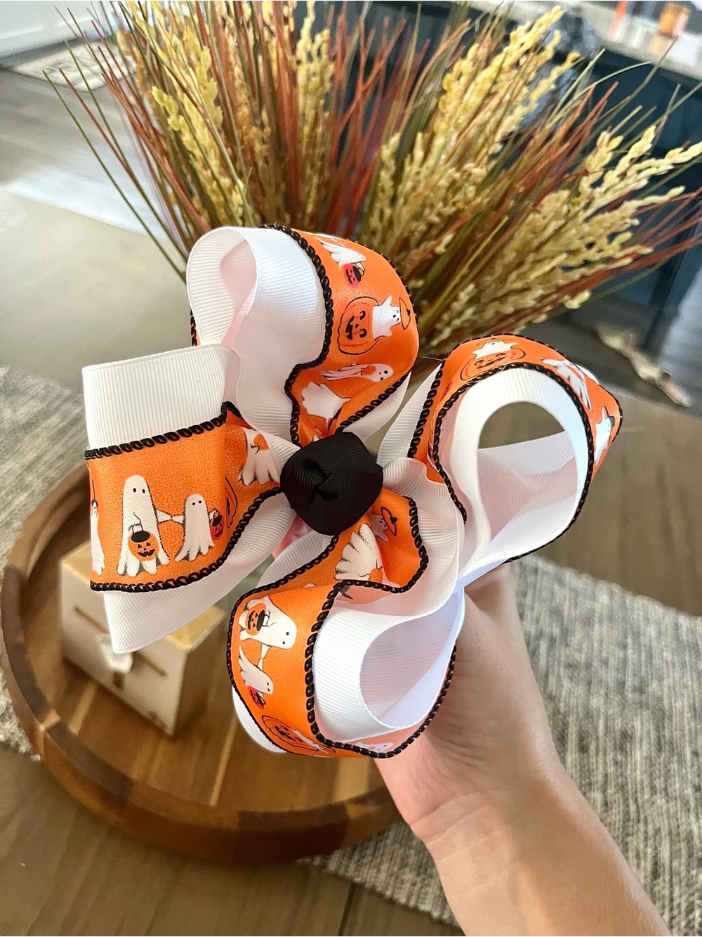 Kids Halloween Ghost Bow Clip - Orange & White